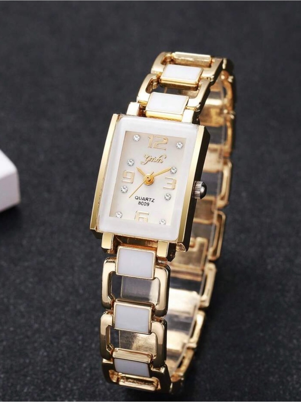 Gold and White Rectangular Bracelet Watch - Picture 3 of 4